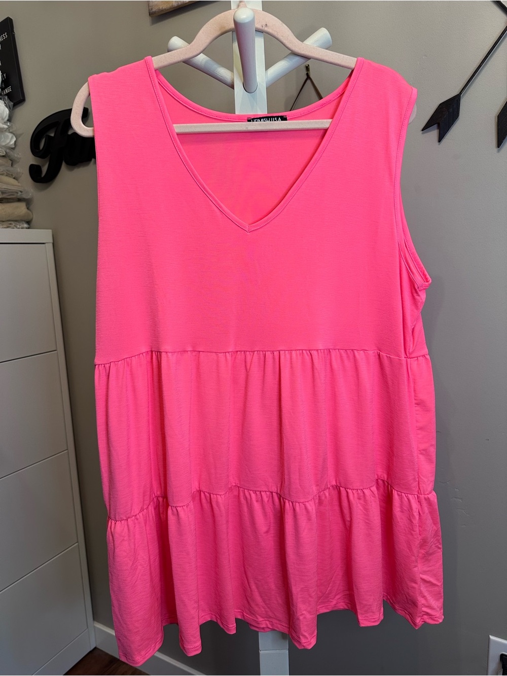 HEIMISH USA Neon Pink Sleeveless V-Neck Tiered Tunic